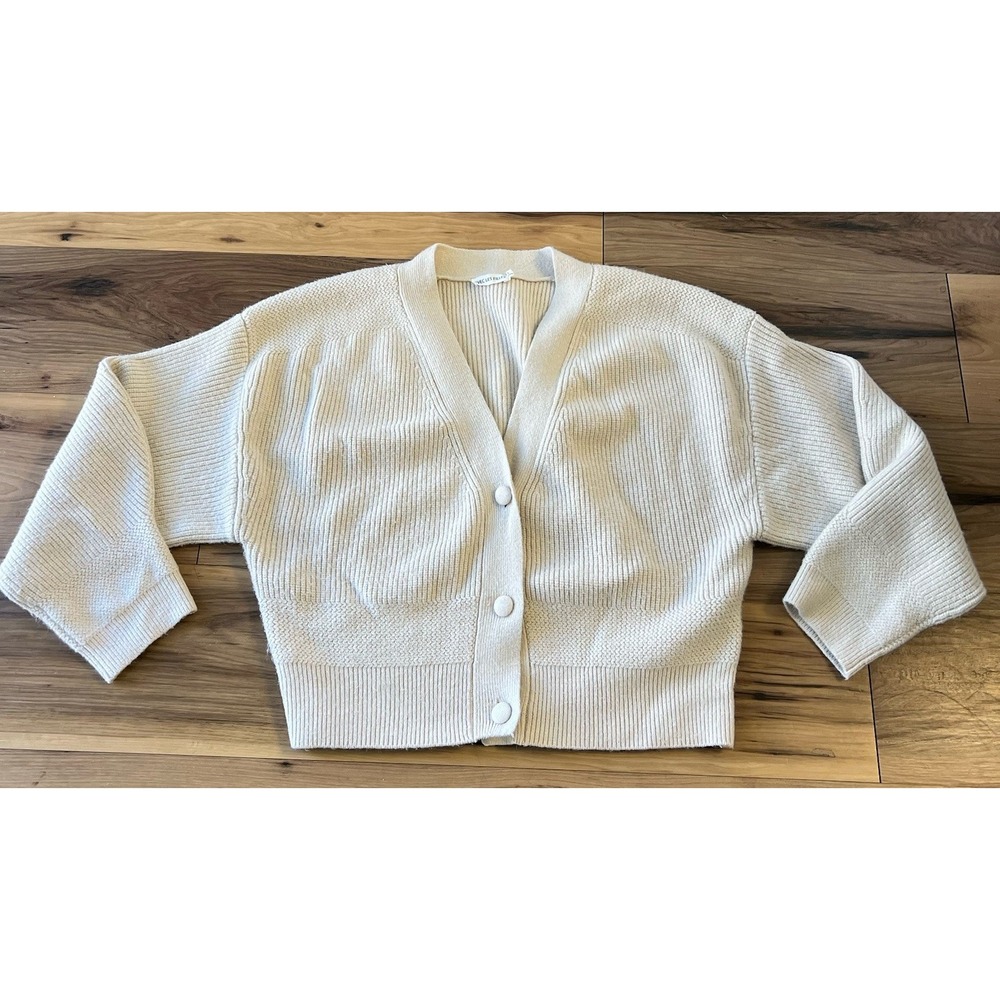 Avec Les Filles Ivory Button‎ Up Knit Crop Cardigan Sweater sz L Designer Cozy